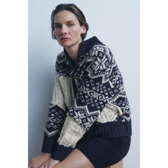 Navy White Zara Fair Isle Cable Knit Zip Front Collared Cardigan Sweater, NWT - Picture 7 of 9